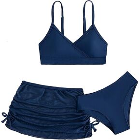 Cozyease Girls' 3 Piece Plain Swimsuit Wrap Bikini with Ruched Cover Up Skirt Set