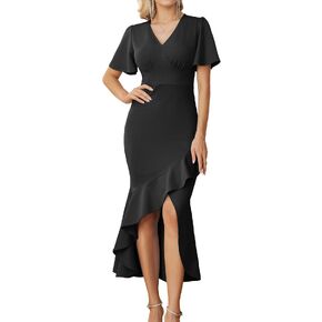 GRACE KARIN 2023 Elegant Ruffle Mermaid Formal Wedding Guest Dress Short Sleeve V-Neck Cocktail Dress for Women Evening Party