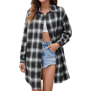Blooming Jelly Women's Button Down Flannel Shirts Plaid Shacket Long Sleeve Collared Long Jacket Coats in Saudi Arabia