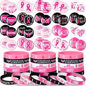 Hiboom 80 Pcs Breast Cancer Bracelets and Pins Set Pink Ribbon Breast Cancer Awareness Gift for Women Bulk Breast Cancer Buttons Badge and Bracelets for Breast Cancer Supplies Party Favors in Saudi Arabia