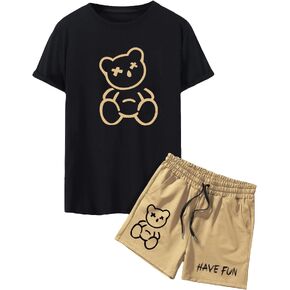 GORGLITTER Men's Casual 2 Piece Outfits Bear Graphic Print Tee and Drawstring Waist Track Shorts Set with Pockets