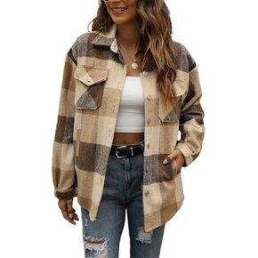Tanming Womens Flannel Plaid Shacket Wool Blend Button Down Shirt Fall Fashion Jacket