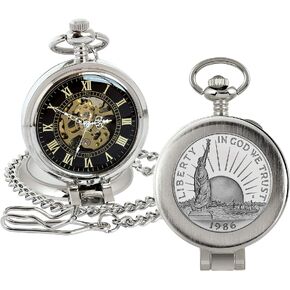 Coin Pocket Watch with Skeleton Movement | Statue of Liberty Commemorative Half Dollar | Genuine U.S. Coin | Sweeping Second Hand, Magnifying Glass | Certificate of Authenticity in Saudi Arabia
