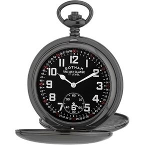Gotham Men's Gun-Tone Railroad Dial Double Hunter 17 Jewel Mechanical Pocket Watch # GWC18806BBK in Saudi Arabia