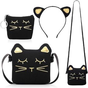 Weewooday 3 Pcs Cat Shoulder Bag Set, Christmas Cute Crossbody Bag Gift Hand Bags with Mini Coin Purse Cat Headband Gifts for Girls (Black)