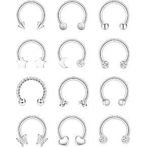 YADOCA 12pcs Septum Rings 16G Surgical Steel Nose Piercings Jewelry for Women Men Lip Tragus Horseshoe Hoop Earrings CZ Star Love Butterfly Nose Rings 8-10mm