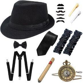 إكسسوارات Ziyoot 1920s للرجال مجموعة أزياء Gatsby Gangster قبعة بنما فيدورا