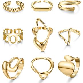 FIBO STEEL 9 Pcs Gold Chunky Rings for Women 18K Gold Plated Ring Set Dome Thick Open Rings Adjustable