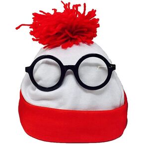 ToyGoodkids Where's Waldo Winter Beanie Hat Costume - Unisex Red & White Pom-Pom Skully with Nerd Glasses Set in Kuwait