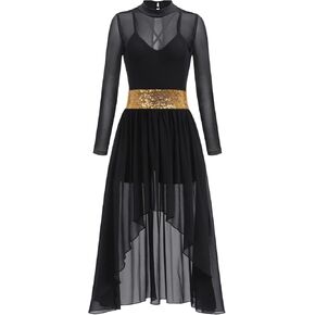 ODASDO Women Lyrical Dance Costumes Sequin Long Sleeve Mesh Tulle Flowy Maxi Long Dress Morden Contemporary Dancewear