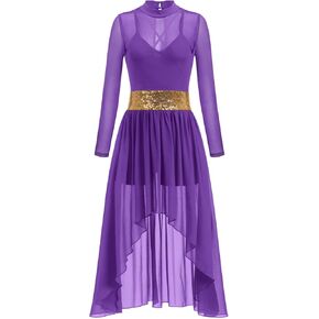 IBAKOM Shiny Sequins Women Lyrical Contemporary Dance Costume Long Sleeve Mesh Glitter Ballroom Prom Dance Dress in Kuwait