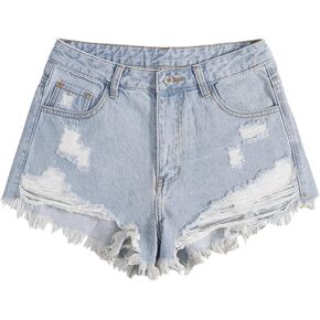 WDIRARA Women's Raw Hem Ripped Button Front Wide Leg Denim Jeans Casual Solid Shorts
