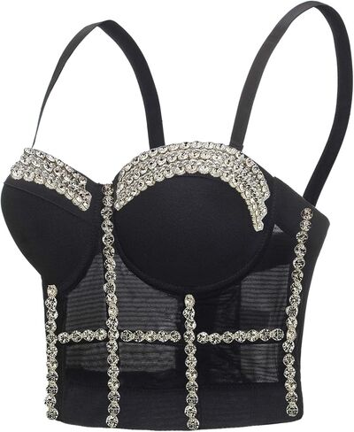 Women's Handmade Rhinestone Diamond Push up Bustier Crop Top Punk Corset Bra Vest in Kuwait
