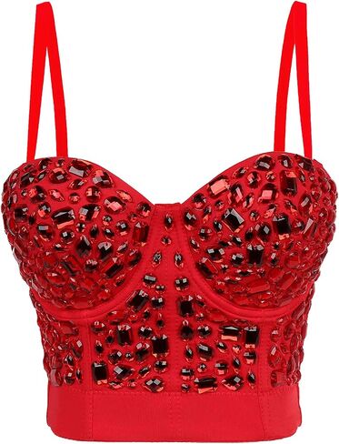 Women's Handmade Rhinestone Diamond Push up Bustier Crop Top Punk Corset Bra Vest in Kuwait