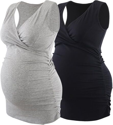 ZUMIY Nursing Maternity Top, Pregnant Breastfeeding Shirt, Women's Cotton V Neck Ruched Waist Double Layered Postpartum Tank in Saudi Arabia