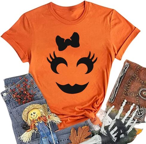 Halloween Costumes for Women Funny Pumpkin Printed Cute T Shirts Orange Graphic Tops Fall Tee Fashion Gift in Kuwait
