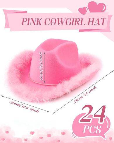 Jecery 24 Pieces Pink Feather Boa Cowgirl Hat Pink Cowboy Hat Pink Hat Cowboy Party Hats Birthday Cowgirl Hat for Adult Women Men in Saudi Arabia