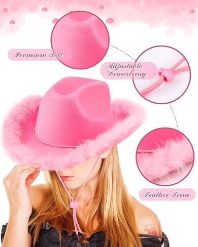 Jecery 24 Pieces Pink Feather Boa Cowgirl Hat Pink Cowboy Hat Pink Hat Cowboy Party Hats Birthday Cowgirl Hat for Adult Women Men in Saudi Arabia