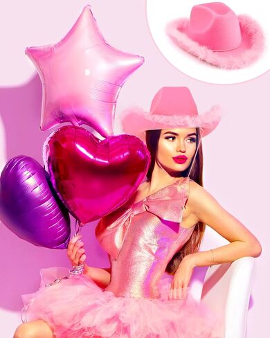 Jecery 24 Pieces Pink Feather Boa Cowgirl Hat Pink Cowboy Hat Pink Hat Cowboy Party Hats Birthday Cowgirl Hat for Adult Women Men in Saudi Arabia