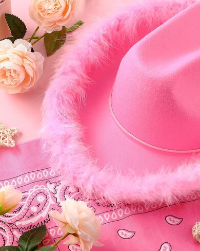 Jecery 24 Pieces Pink Feather Boa Cowgirl Hat Pink Cowboy Hat Pink Hat Cowboy Party Hats Birthday Cowgirl Hat for Adult Women Men in Saudi Arabia