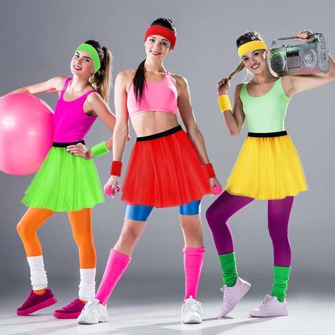 24 Pcs 80s Costume Accessories Set for Women Colorful Tutu Skirt Sweatband Headband Wristbands 3 Layered Tutu Dance Skirt in Saudi Arabia