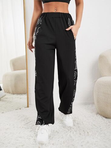 بنطال رياضي للسيدات من SweatyRocks بخصر مطاطي وطباعة حروف للركض مع جيب in Kuwait