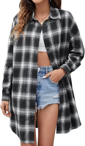 Blooming Jelly Women's Button Down Flannel Shirts Plaid Shacket Long Sleeve Collared Long Jacket Coats in Kuwait