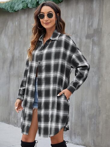 Blooming Jelly Women's Button Down Flannel Shirts Plaid Shacket Long Sleeve Collared Long Jacket Coats in Kuwait