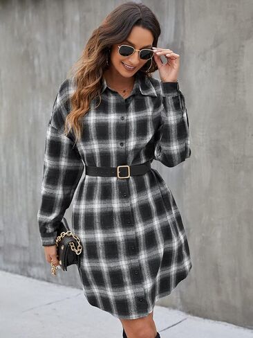 Blooming Jelly Women's Button Down Flannel Shirts Plaid Shacket Long Sleeve Collared Long Jacket Coats in Kuwait