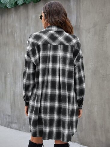 Blooming Jelly Women's Button Down Flannel Shirts Plaid Shacket Long Sleeve Collared Long Jacket Coats in Kuwait