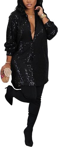 Midi Sequin Dress for Women Sparkle Button Down Sexy Shirt Dresses Long Sleeve Party Club Dress in Kuwait
