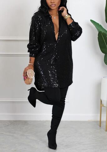 Midi Sequin Dress for Women Sparkle Button Down Sexy Shirt Dresses Long Sleeve Party Club Dress in Kuwait