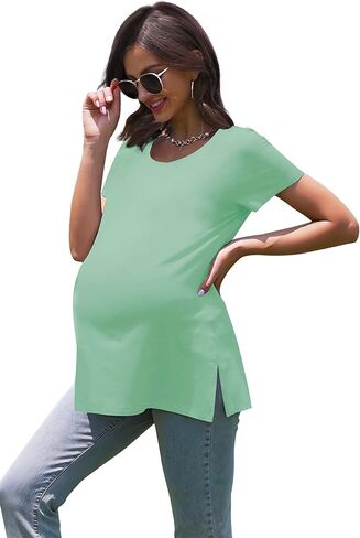 Women's Maternity Shirts Short Sleeve Split Hem Pregnancy Tops Clothes in Saudi Arabia