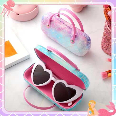 Xuhal 2 Pieces Kids Mermaid Hard Eyeglass Case Girls Glasses Case Portable Sunglass Case Makeup Storage Bag Pouch with Handle for Children, 2 Colors in Saudi Arabia
