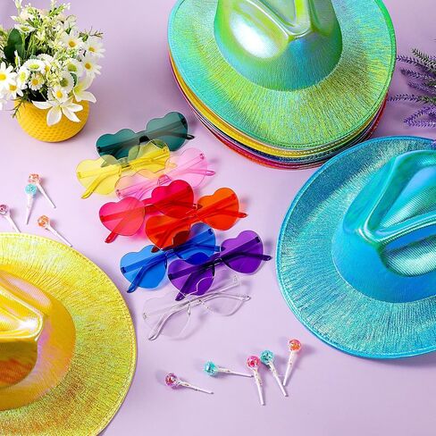 Xtinmee 32 Pcs Space Cowgirl Hats Light up for Women 16 Holographic Hat with 16 Rimless Heart Sunglasses Halloween Cow Girl Costume Accessories Colors Neon Sparkly Cowgirl Hat for Party in Saudi Arabia
