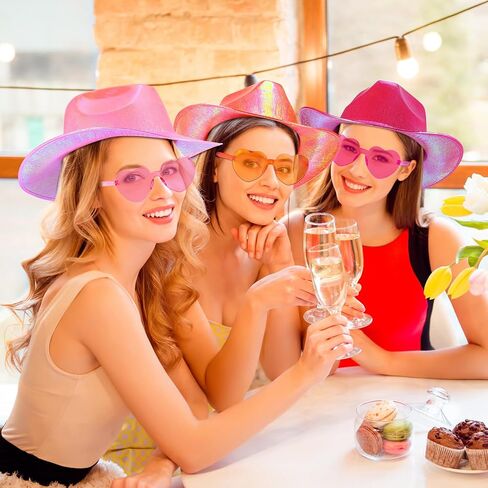 Xtinmee 32 Pcs Space Cowgirl Hats Light up for Women 16 Holographic Hat with 16 Rimless Heart Sunglasses Halloween Cow Girl Costume Accessories Colors Neon Sparkly Cowgirl Hat for Party in Saudi Arabia
