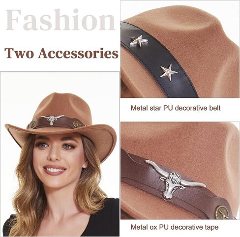 RainFlowwer Classic Cowboy Hat Men, Wide Brim Cowboy Hat for Women, Western Style Hat with 2 Replaceable Wide Band in Saudi Arabia