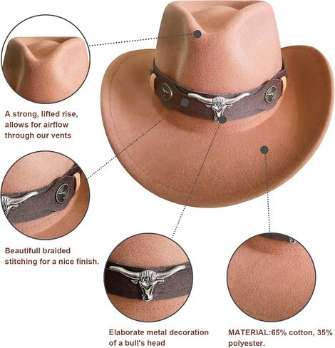 RainFlowwer Classic Cowboy Hat Men, Wide Brim Cowboy Hat for Women, Western Style Hat with 2 Replaceable Wide Band in Saudi Arabia