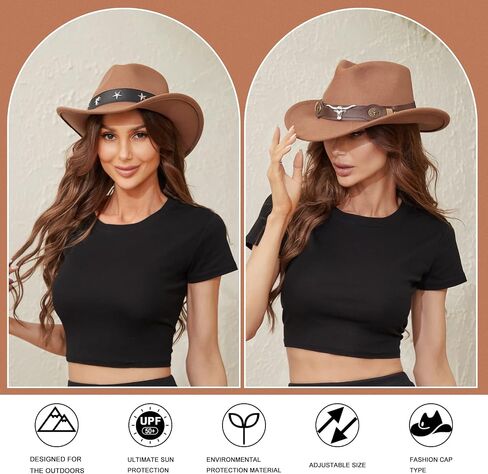 RainFlowwer Classic Cowboy Hat Men, Wide Brim Cowboy Hat for Women, Western Style Hat with 2 Replaceable Wide Band in Saudi Arabia