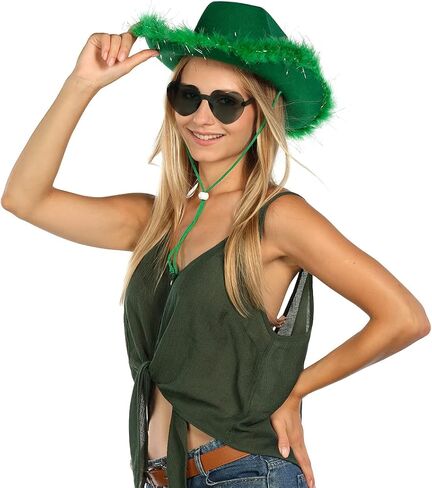 Funcredible St Patrick's Day Cowgirl Hat with Glasses - Halloween Cowboy Hat with Feathers - Cow Girl Costume Accessories - Fun Bride Western Rodeo Party Hats and Goggles for Women, Girls, and Kids in Kuwait