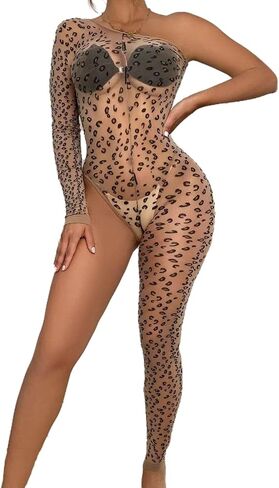 Zoxyoki Jumpsuit See Throught One Sleeves Sexy Bodysuit Romper Sheer Leopard Bodycon Party Clubwear in Kuwait