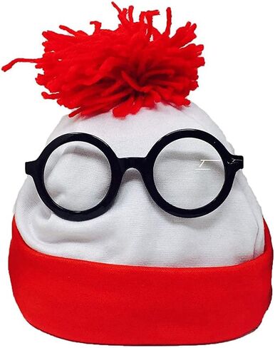 ToyGoodkids Where's Waldo Winter Beanie Hat Costume - Unisex Red & White Pom-Pom Skully with Nerd Glasses Set in Kuwait