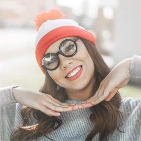 ToyGoodkids Where's Waldo Winter Beanie Hat Costume - Unisex Red & White Pom-Pom Skully with Nerd Glasses Set in Kuwait