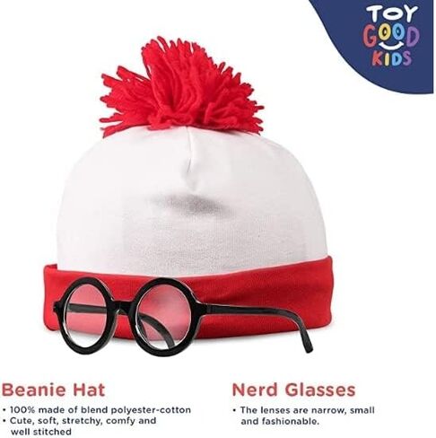 ToyGoodkids Where's Waldo Winter Beanie Hat Costume - Unisex Red & White Pom-Pom Skully with Nerd Glasses Set in Kuwait