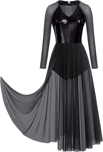 ODASDO المرأة أزياء رقص غنائي الترتر كم طويل شبكة تول فلوي ماكسي فستان طويل موردن المعاصرة Dancewear in Kuwait
