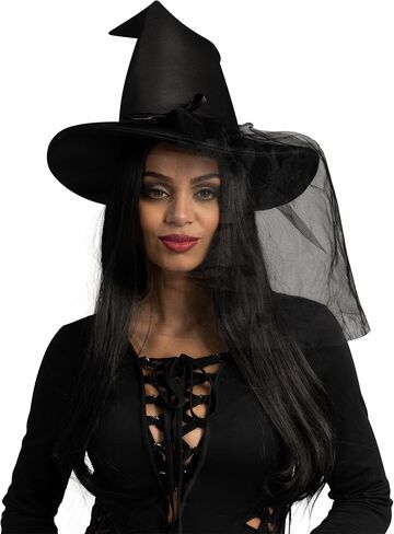 إبداعات Spooktacular Halloween قبعة ساحرة شبكية سوداء، قبعة ساحرة شريرة مع حجاب دانتيل للنساء، إكسسوار زي الهالوين، حفلات تنكرية in Saudi Arabia