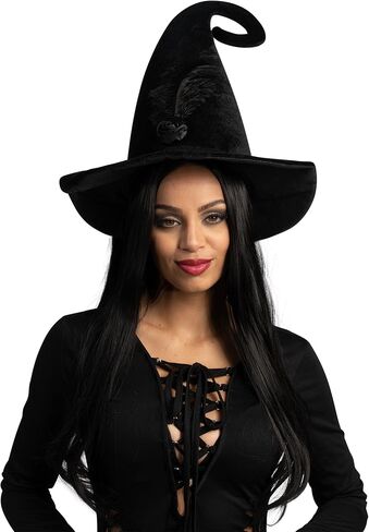 إبداعات Spooktacular قبعة ساحرة سوداء مجعدة مع ريش، قبعة ساحرة للنساء، إكسسوار زي الهالوين، لعب الأدوار المدرسية، حفلات تحت عنوان in Saudi Arabia