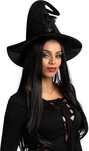 إبداعات Spooktacular قبعة ساحرة سوداء مجعدة مع ريش، قبعة ساحرة للنساء، إكسسوار زي الهالوين، لعب الأدوار المدرسية، حفلات تحت عنوان in Saudi Arabia