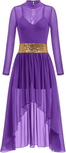 IBAKOM Shiny Sequins Women Lyrical Contemporary Dance Costume Long Sleeve Mesh Glitter Ballroom Prom Dance Dress in Kuwait