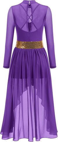 IBAKOM Shiny Sequins Women Lyrical Contemporary Dance Costume Long Sleeve Mesh Glitter Ballroom Prom Dance Dress in Kuwait